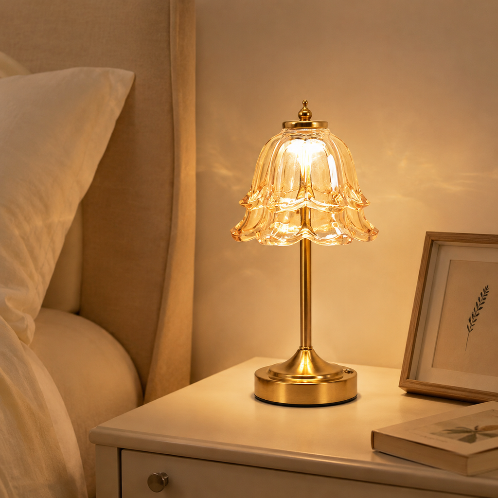 Rechargeable Amber Glass Table Lamp – Touch Dimmable 3-CCT Night Light for Bedroom, Bar & Poolside Decor