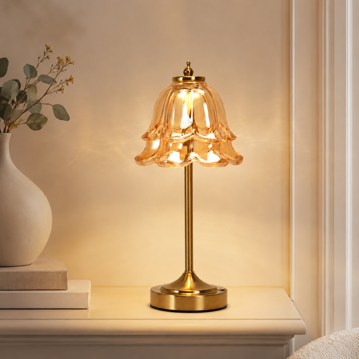 Rechargeable Amber Glass Table Lamp – Touch Dimmable 3-CCT Night Light for Bedroom, Bar & Poolside Decor