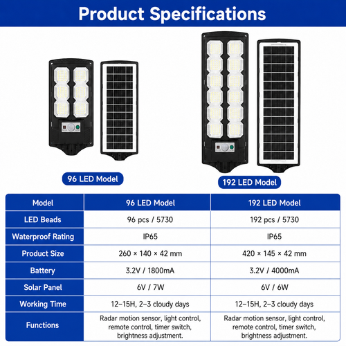 All-in-One Solar Street Light with Motion Sensor & Remote Control – 96/192 LEDs